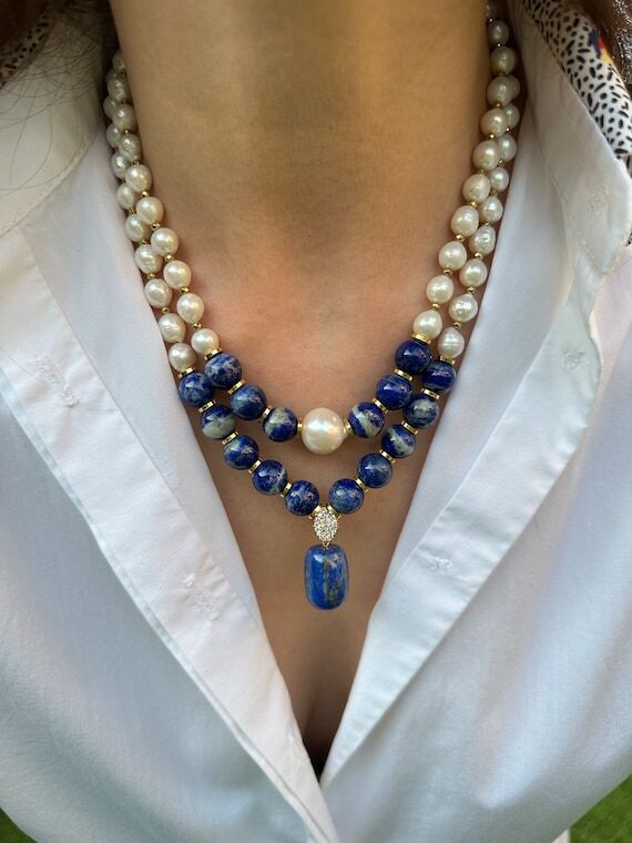 Lapis Lazuli Necklace, Pearl and Gemstone Jew...