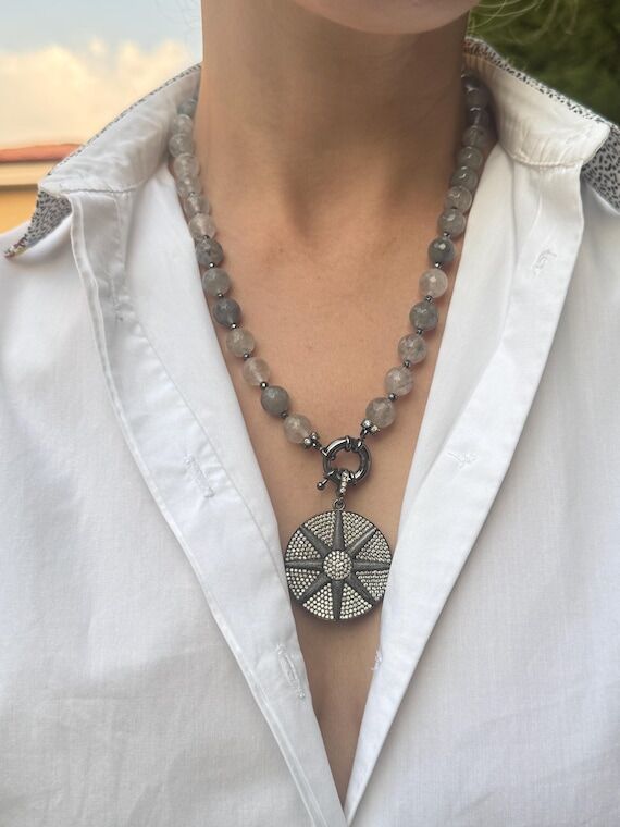 Quartz Necklace, Silver Medallion Jewelry, Na...