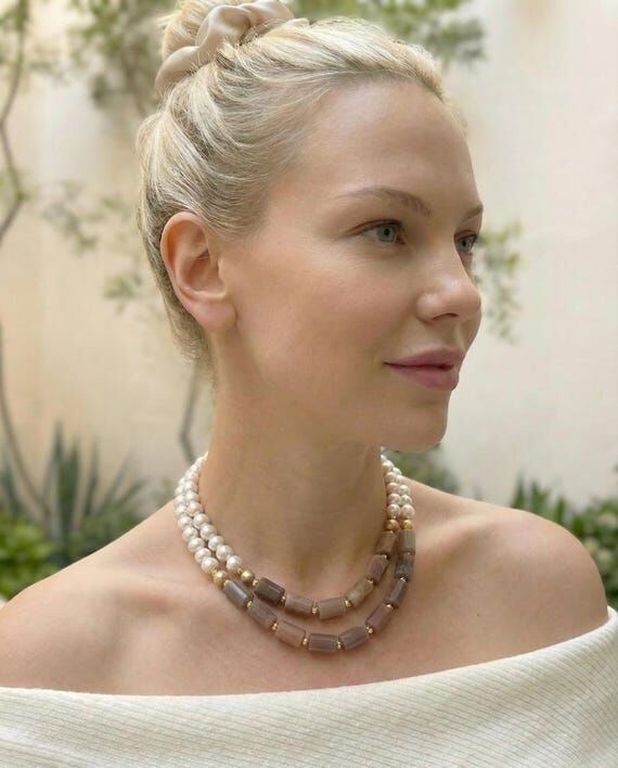 Pearl Necklace, Layered Gemstone Statement Ch...