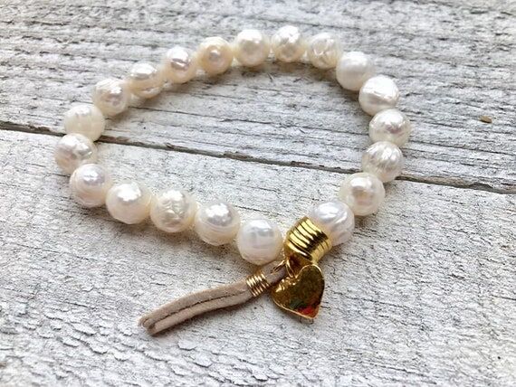 Pearl Bracelet - Pearl Jewelry - Gold Heart -...