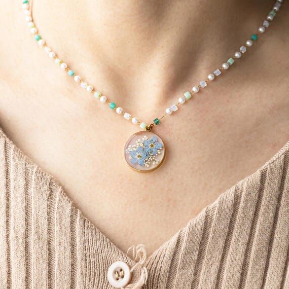 Pressed Real Forget-me-not Flower Necklace, D...