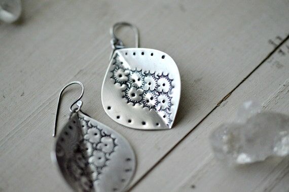Large dangle earrings-silver stamped earrings...