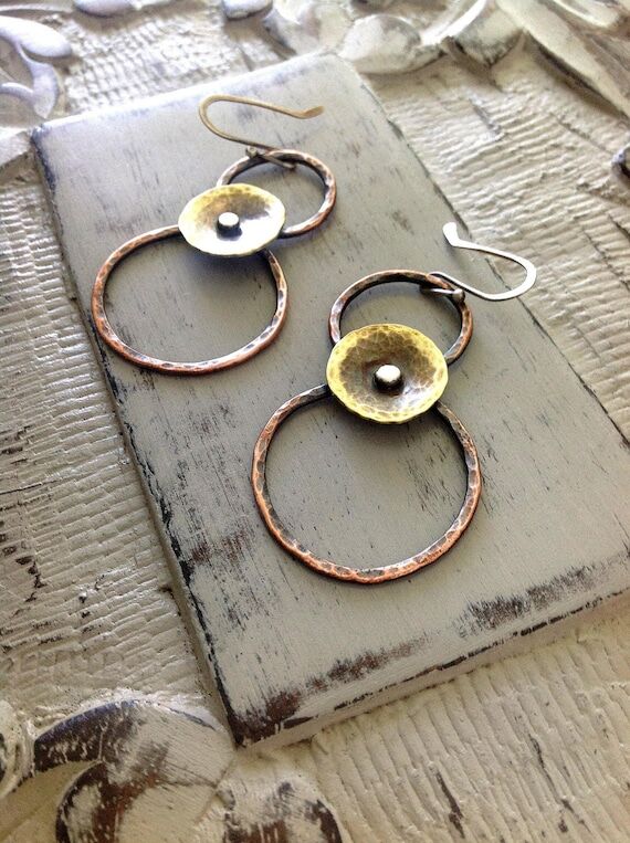 Oxidized Copper Brass Hoop Earrings, Rustic M...