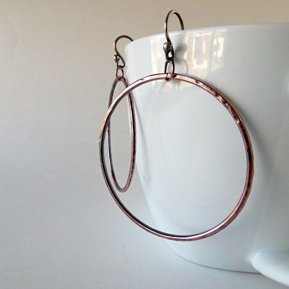 Hammered Copper Hoop Earrings, Sterling Silve...