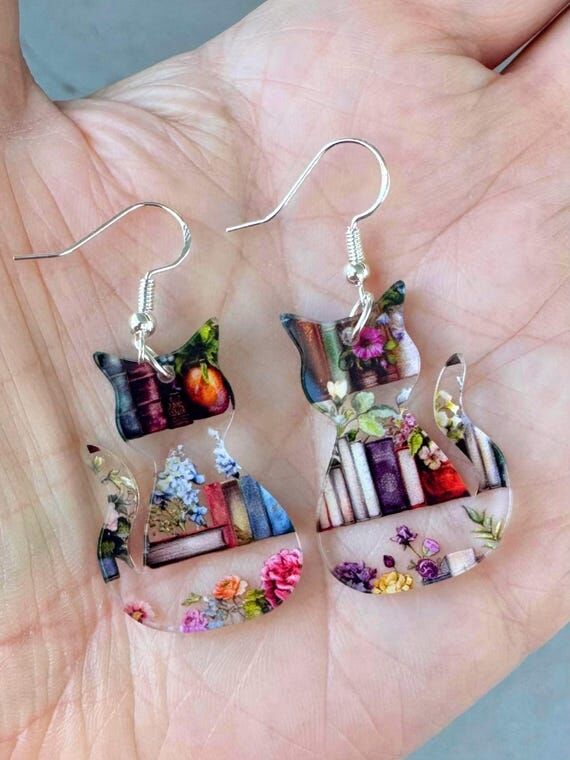 Floral Cat Earrings: Book Lover Dangles, Uniq...