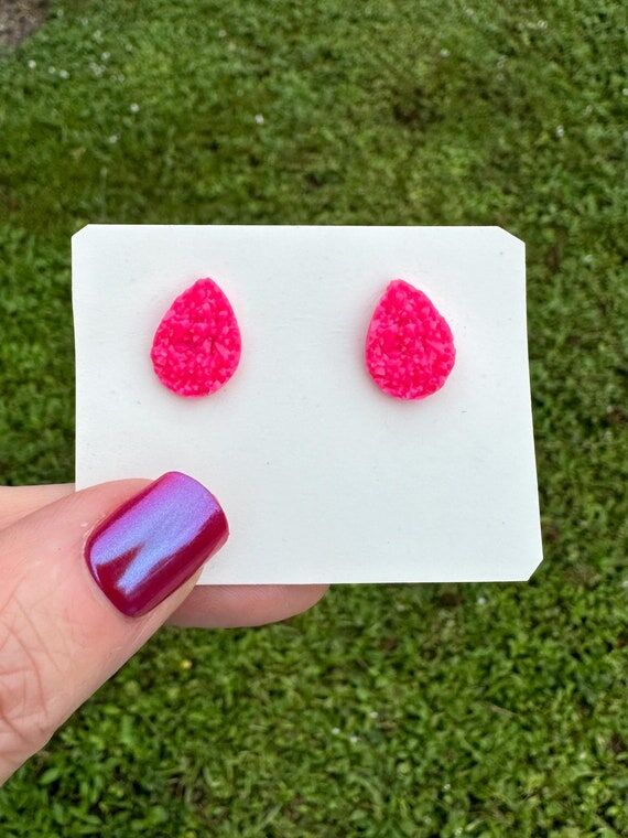Hot Pink Teardrop Stud Earrings: Hypoallergen...
