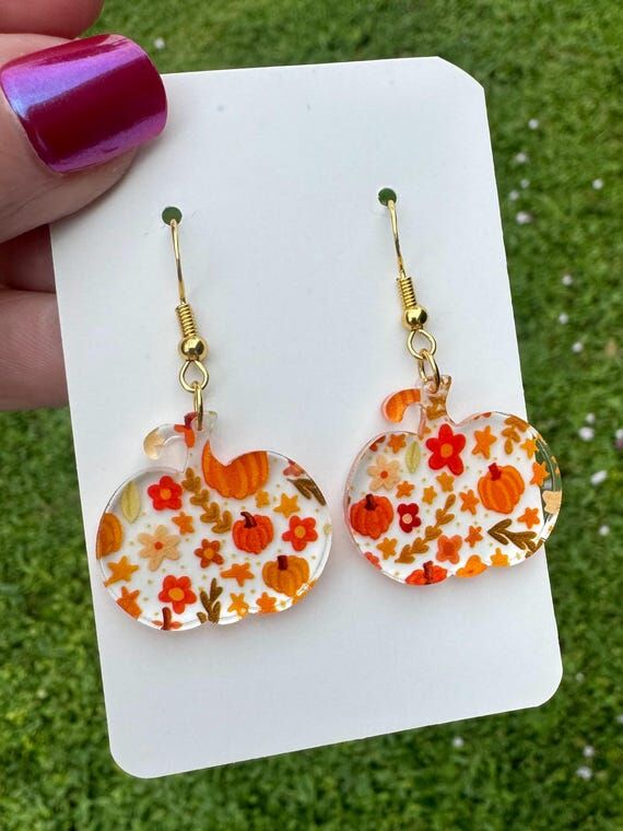 Acrylic Pumpkin Earrings: Fall Foliage Dangle...