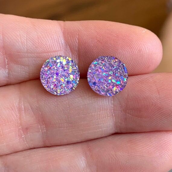 Purple Glitter Druzy Studs: 10mm Sparkly Resi...