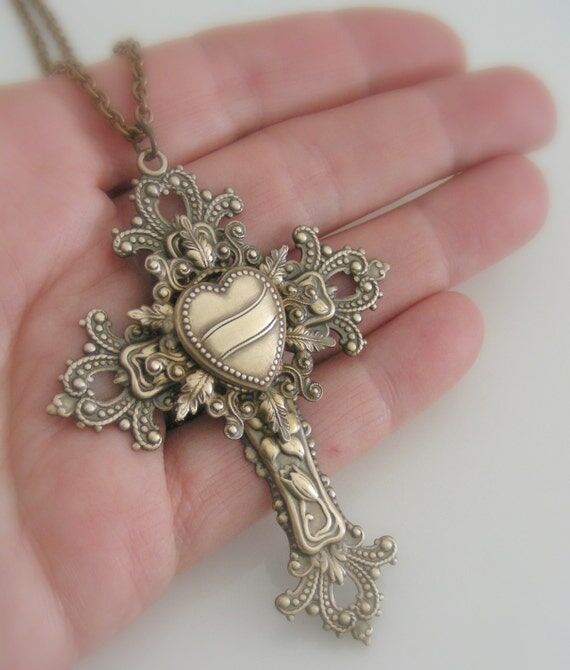 Vintage Brass Large Cross Necklace: Victorian...