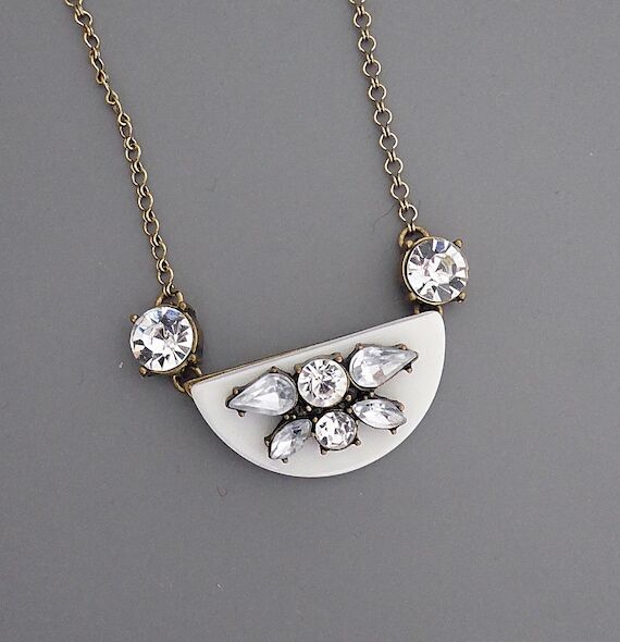 Vintage Art Deco Necklace: Brass, Crystal & L...