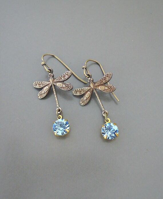 Vintage Art Deco Dragonfly Earrings: Blue Rhi...