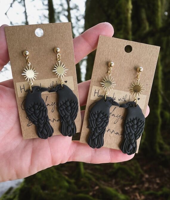 Crow / Raven polymer clay earrings! (1 pair) ...