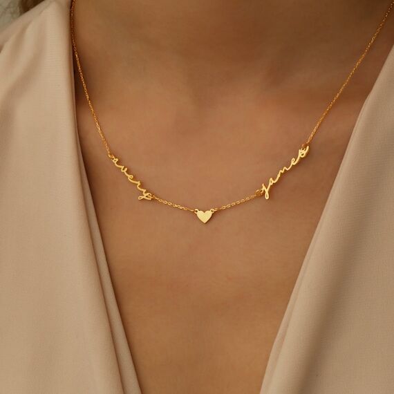 Custom Two Name Handwriting Necklace, 18k gol...