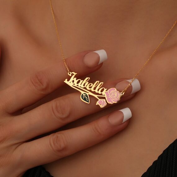 Personalized Birth Flower Name Necklace , Cus...
