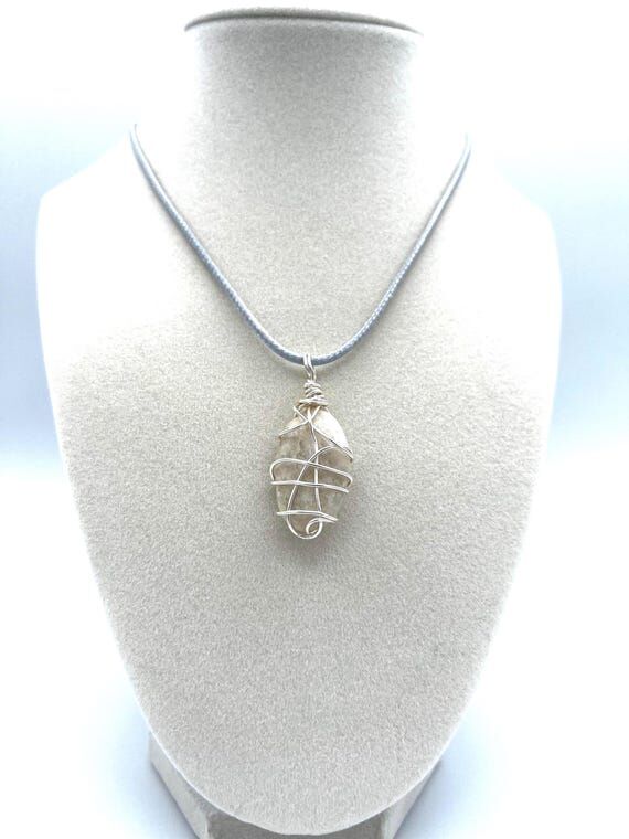 Quartz Sea Stone Pendant Necklace: Wire Wrapp...