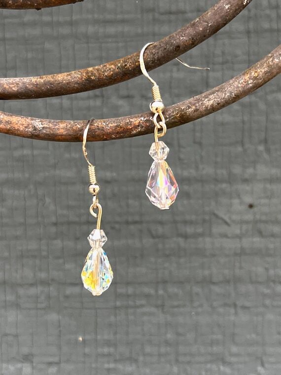 Iridescent Crystal Teardrop Earrings: Sterlin...