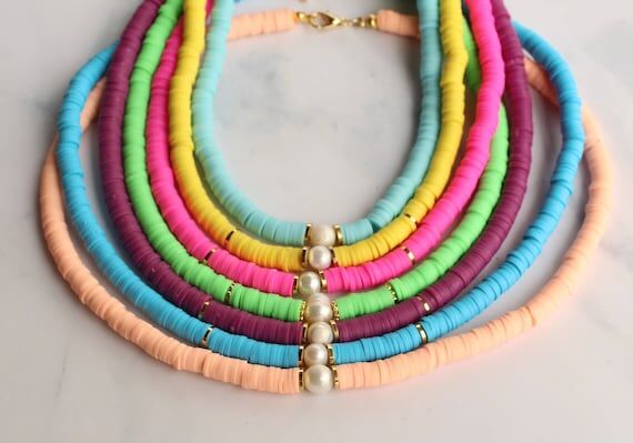 Heishi Bead & Freshwater Pearl Necklace: Boho...