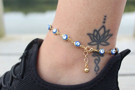 Blue Evil Eye Anklet: 18k Gold Filled Protect...