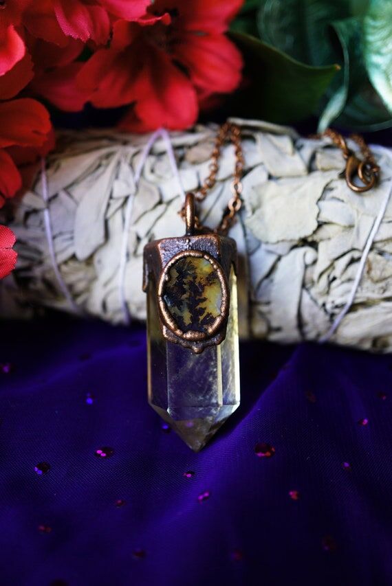 Natural Yellow Citrine Necklace, Dendritic Ag...