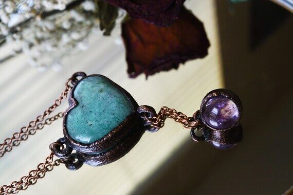 Aqua Blue Amazonite Heart Necklace, Purple Am...