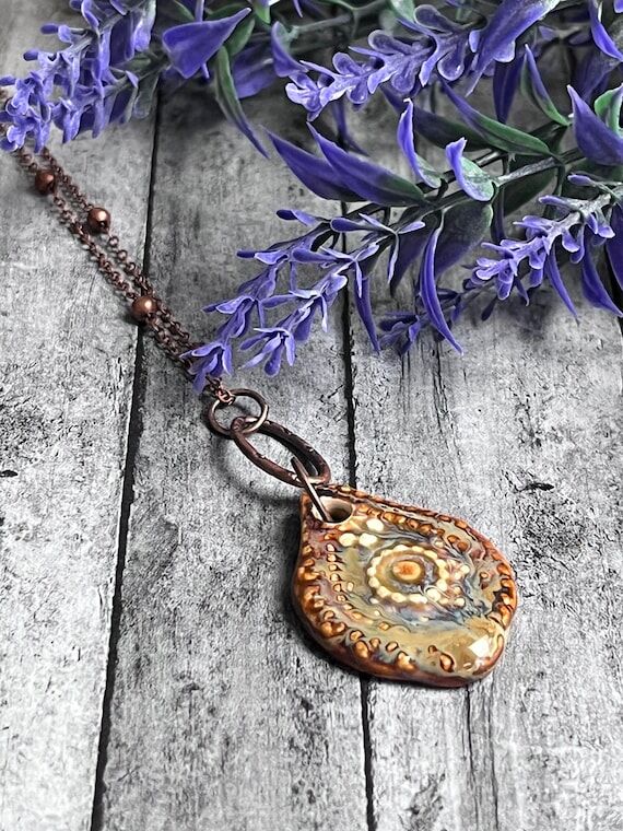 Artisan Ceramic Pendant Necklace, Long Neckla...