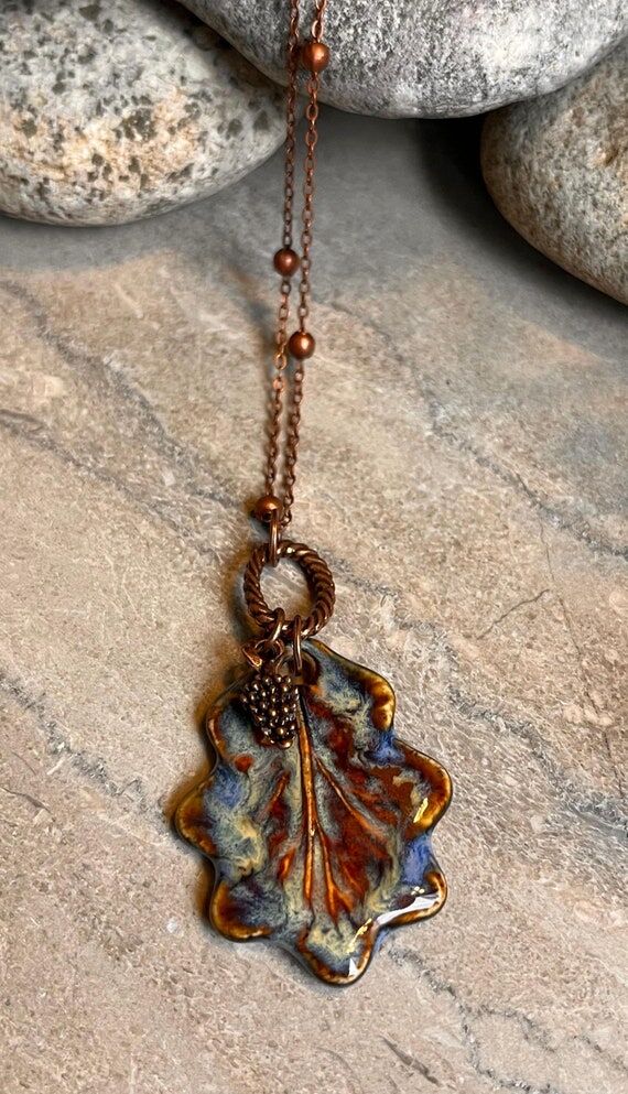 Artisan Blue Oak Leaf Ceramic Pendant Necklac...