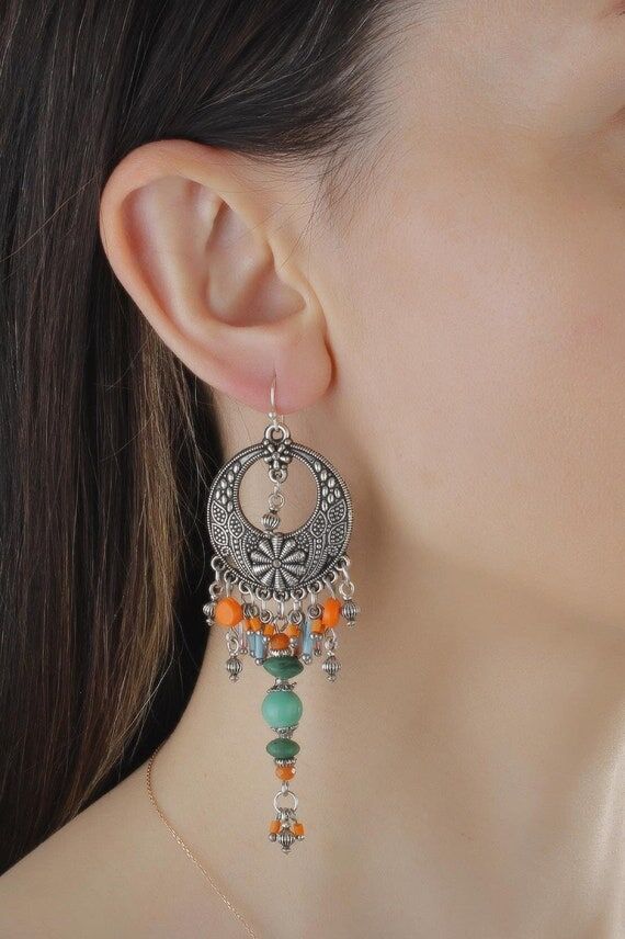 Boho Long Silver Earrings for Women – Ethni...