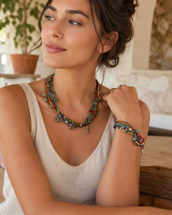 Colorful Boho Necklace Bracelet Set, Festival...