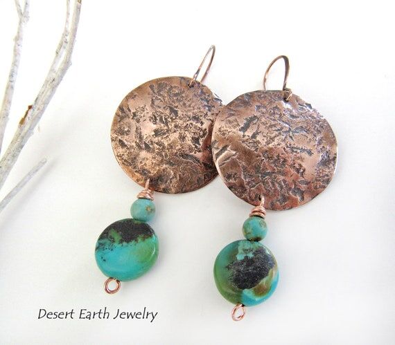 Rustic Hammered Copper Earrings with Natural ...