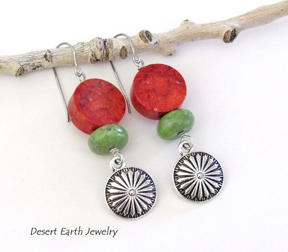 Silver Tone Concho Earrings: Red Coral & Gree...