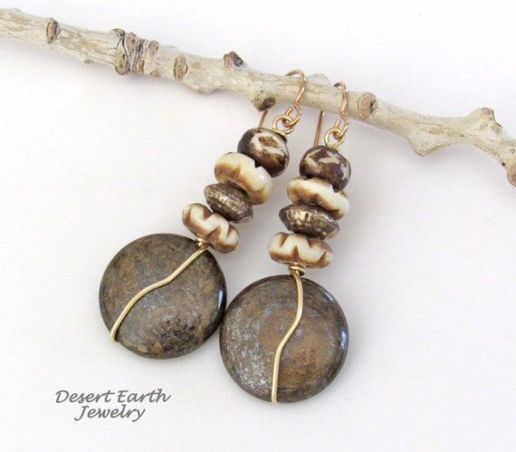 Handmade Bronzite Stone Earrings: African Bon...