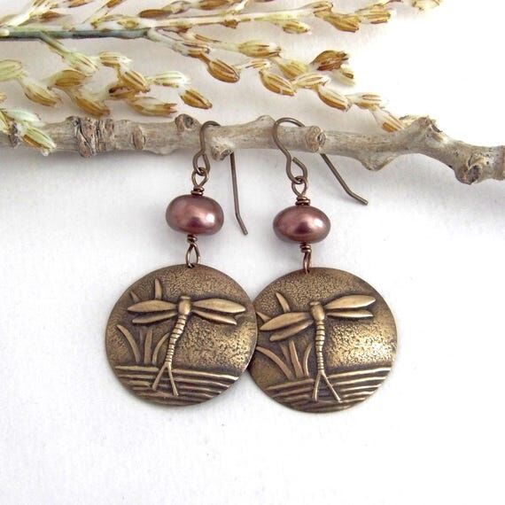 Gold Brass Dragonfly Earrings: Bronze Freshwa...