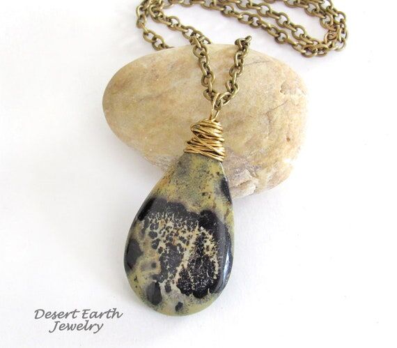 Chohua Jasper Pendant Necklace: Brass Wire Wr...