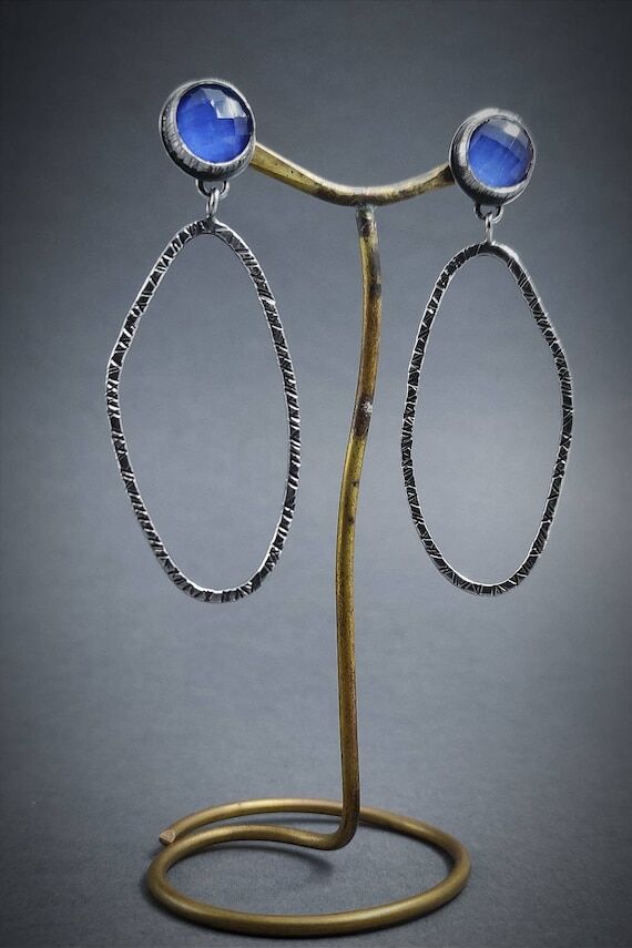 Handmade Lapis Hoop Earrings: Hammered Sterli...