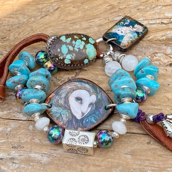 Owl Bracelet Cuff: Artisan Ceramic Owl, Owl C...
