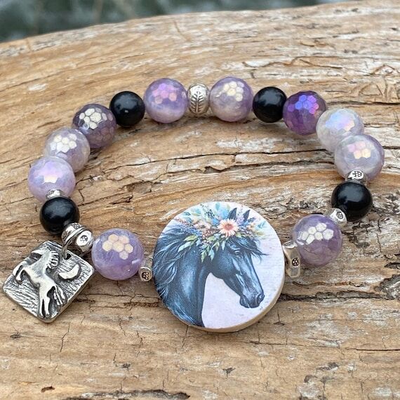 Black Horse Bracelet: Mystic Indian Agate, Sp...