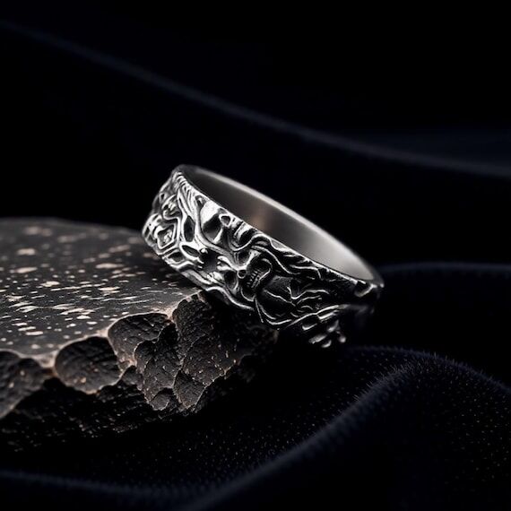 Melted Skull Texture Band 925 Sterling Silver...