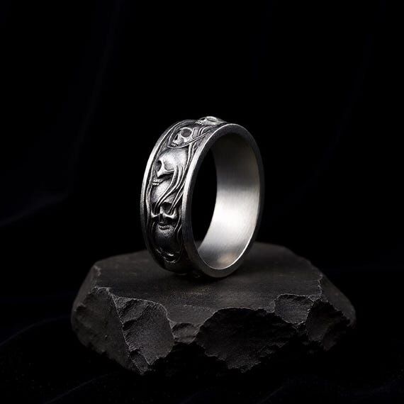 Skull Relief Band 925 Sterling Silver Ring Ox...