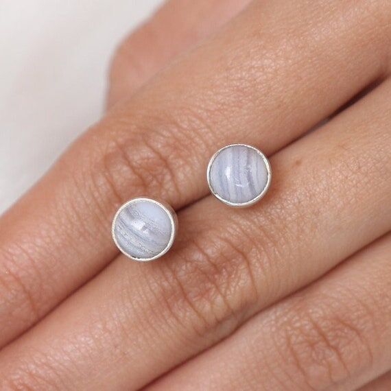 Blue Lace Agate Stud Earrings / 925 Sterling ...