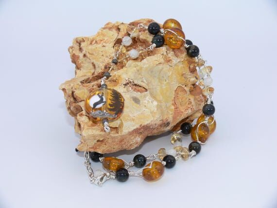 Lamp-work Glass Necklace w/ Citron, White Moo...