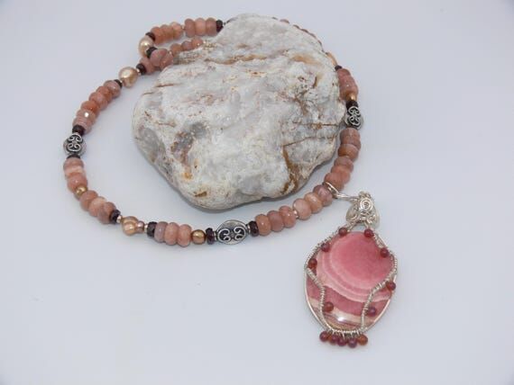 Rhodochrosite Necklace Wrapped in Sterling Si...