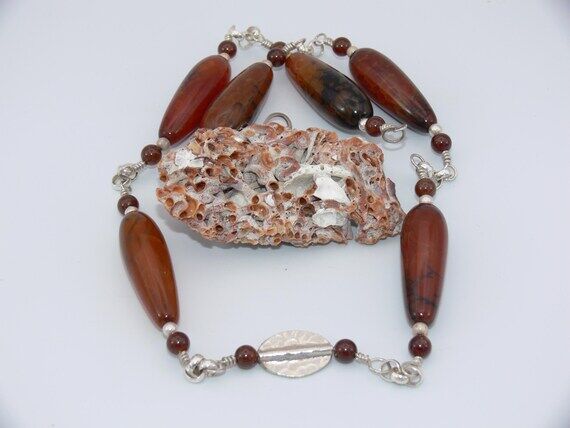 Large Oval Agate and Hessonite Garnet Necklac...