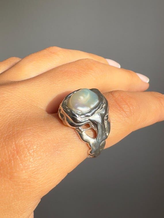 Baroque Pearl Sterling Silver Ring, Melted Ru...