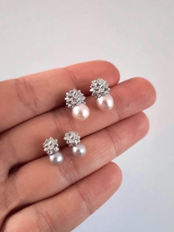 Spiky Sterling Silver Pearl Stud Earrings, Ha...
