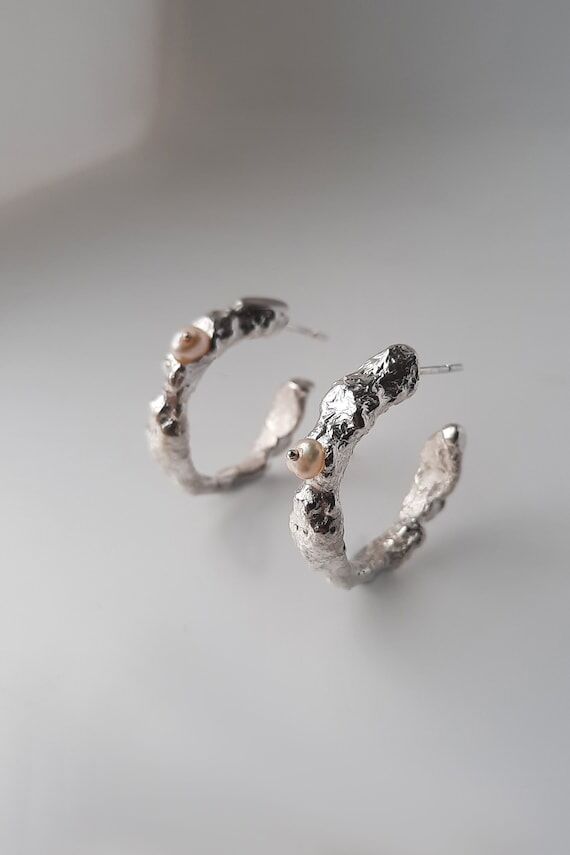 Sterling Silver Molten Hoop Earrings, Tiny Pe...