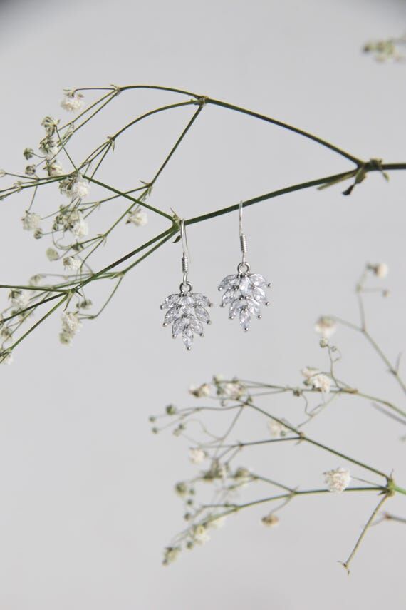 Crystal Leaf Cluster Earrings, Dainty Silver ...