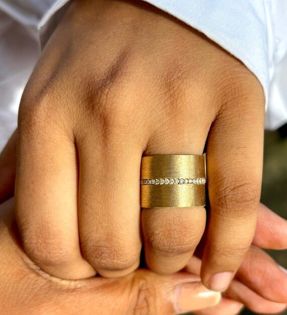 Wide Gold Band Ring with Diamonds: Brass Stat...