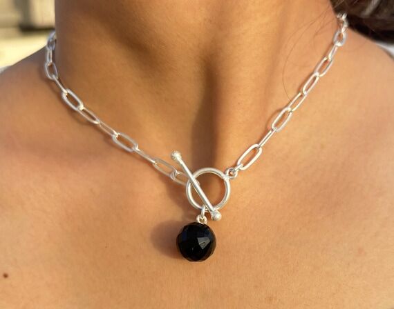 Gold Paperclip Chain Toggle Necklace: Crystal...