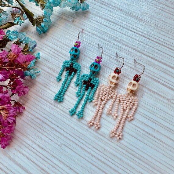 Sugar Skull Seed bead Earrings dangle, Cute T...