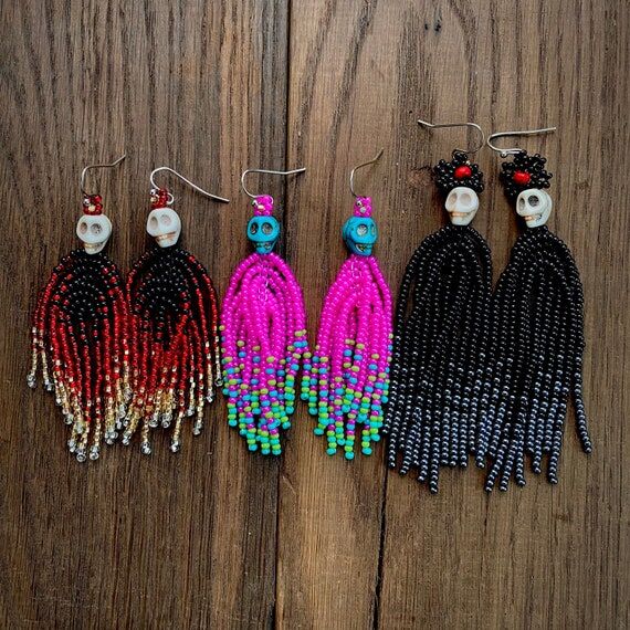 Ombre seed bead Sugar Skull Earrings, Long da...